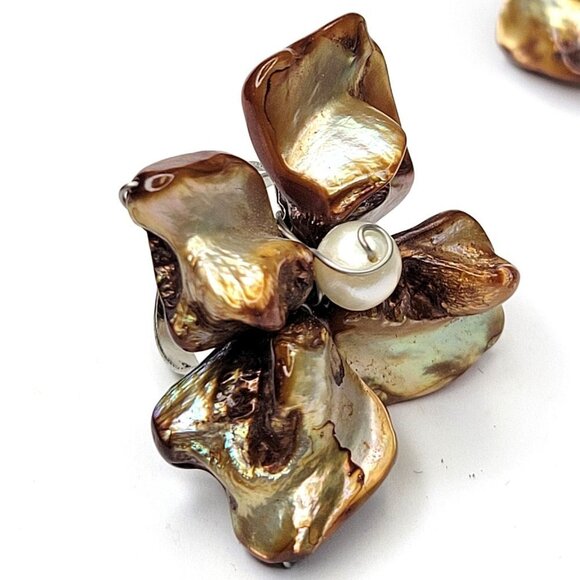 Brown Sea Shell Freshwater Pearl Bead Asymmetric Flower Adjustable Ring - Picture 3 of 10